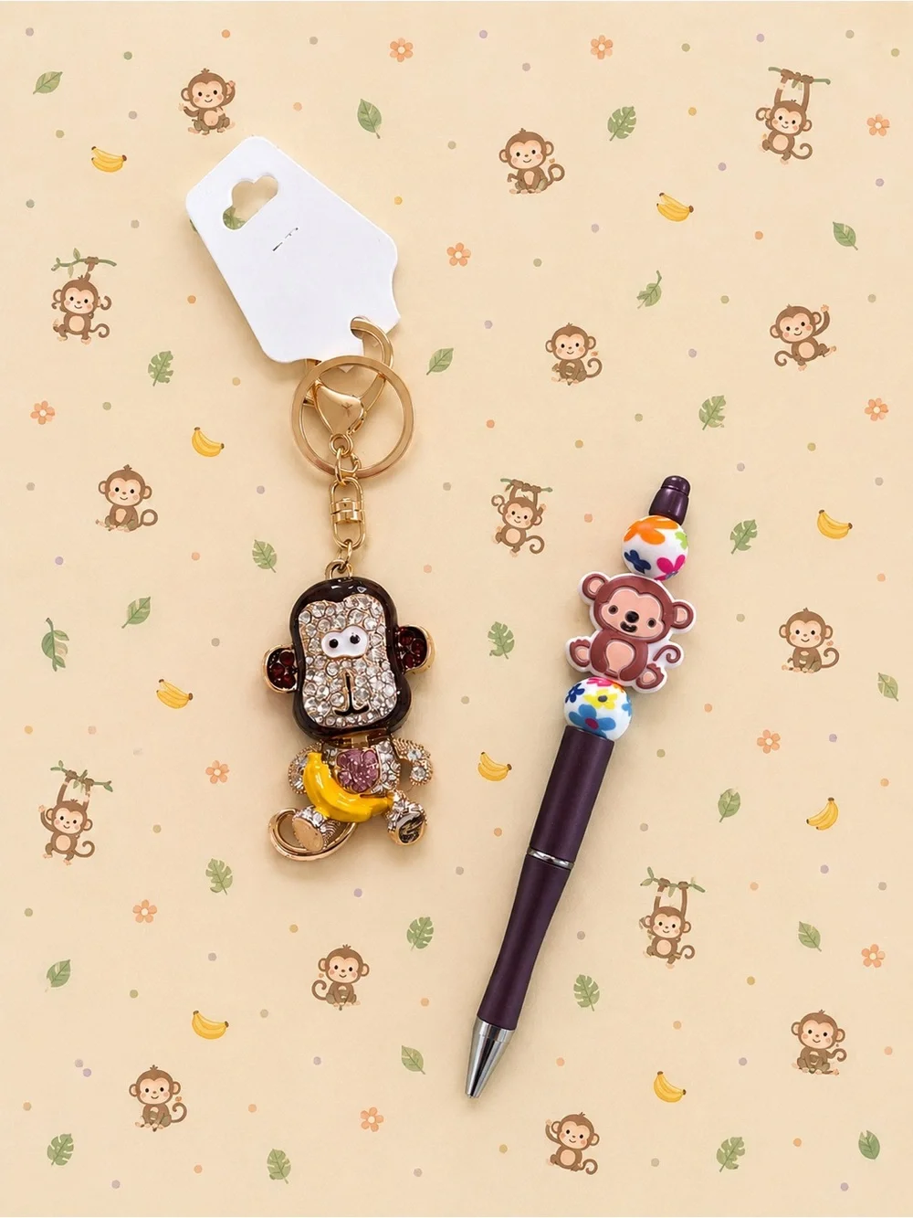 Handmade, adorable monkey beaded pen with Monkey Keychain/bag charm